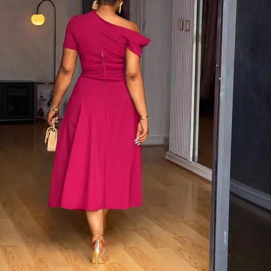 Solid-color Slash-neck Slim-fit Maxi Dress