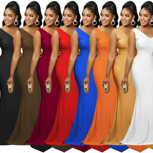 Solid-color Party Bodycon One-shoulder Sleeve Dress