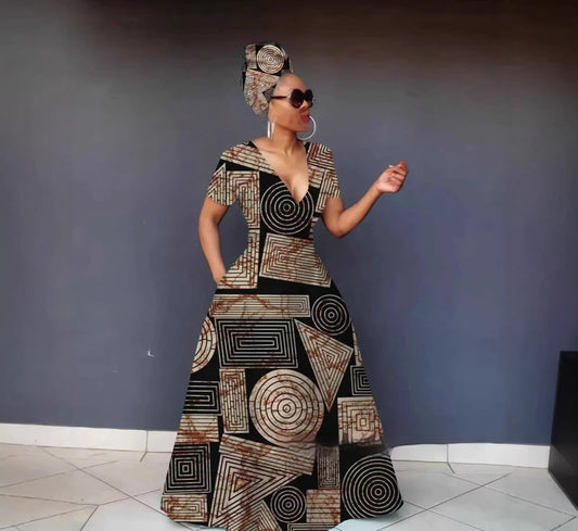 Womens 3D Digital Print V-Neck Short-SleeveLong-Sleeve Plus-Size Dress