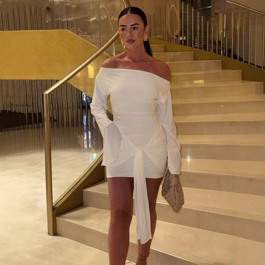 Elegant And Fashionable Solid-color Womens Off-shoulder Waist-cinching Dress