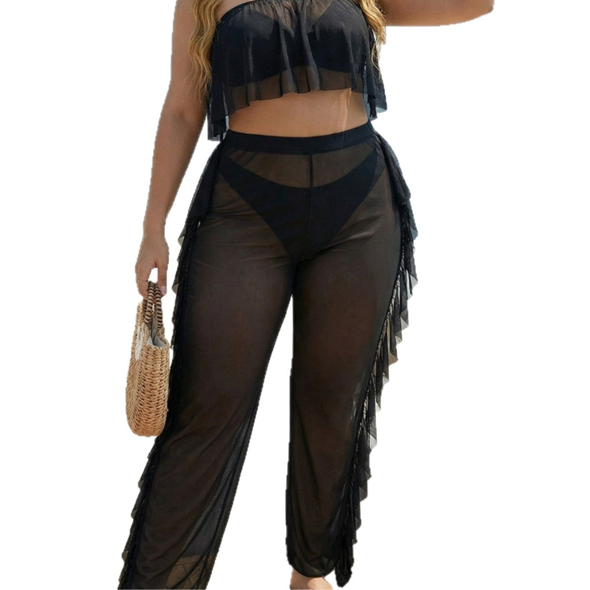 Womens Sexy Sheer Mesh Ruffle-Trimmed Pants Two-Piece Set