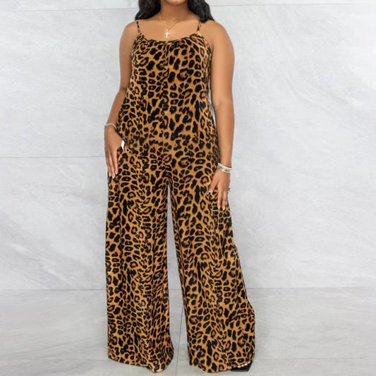 Summer Leopard-Print Strappy Casual Jumpsuit Plus Size Womens Jumpsuit