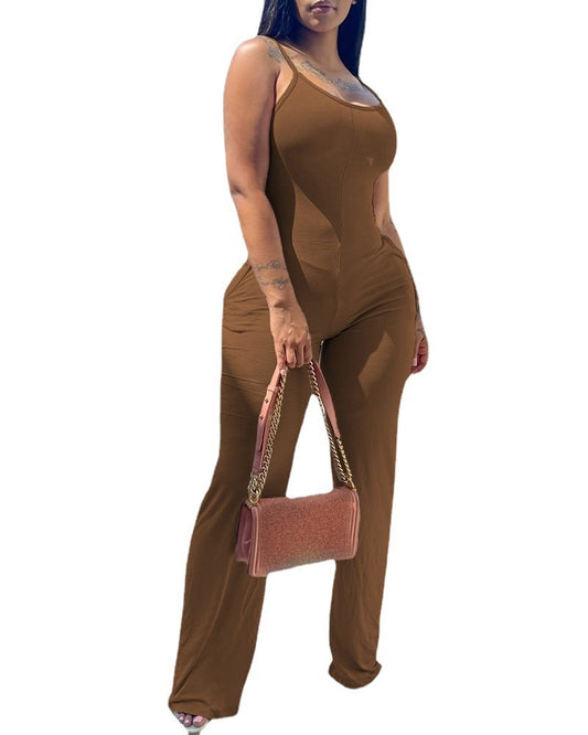 Women's Fashion Casual U-neck Spaghetti Straps Sleeveless Pocket Jumpsuit