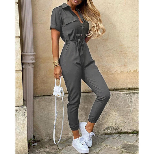 Casual Lapel Button Print Belt Cargo Jumpsuit