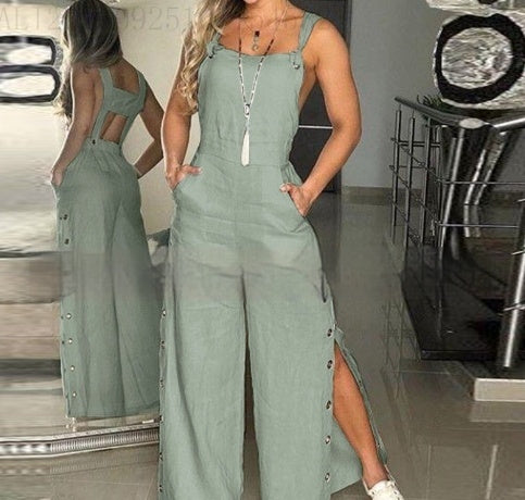 Women's Solid Color Sleeveless Side Pocket Casual Wide Leg Side Buckle Jumpsuit