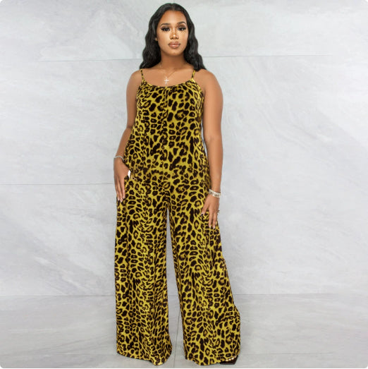 Summer Leopard-Print Strappy Casual Jumpsuit Plus Size Womens Jumpsuit