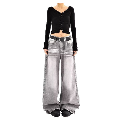 Embroidered High Waist Wide Leg Denim Jeans For Women Vintage Straight Leg Pants