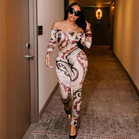 Sexy Print Off-shoulder Cinched Bodycon One-piece Trousers