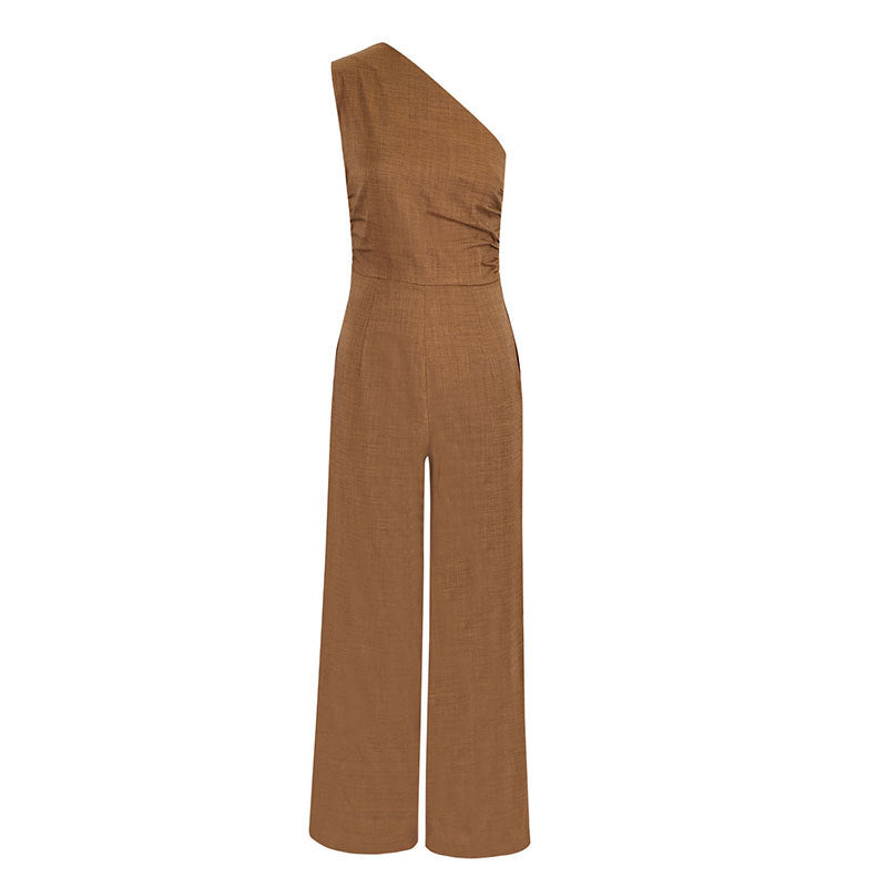 Fashionable Off-Shoulder Defined Waist Elegant Wide-Leg Comfortable Jumpsuit