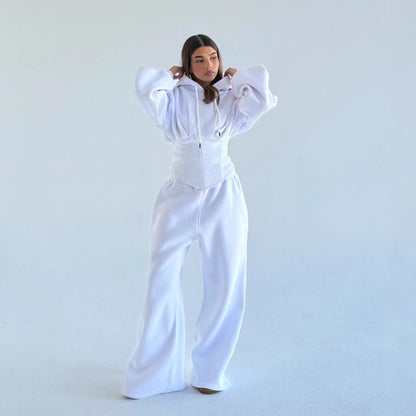 Womens Slim-fit Waist-cinching Hoodie And Drawstring Pants Two-piece Set