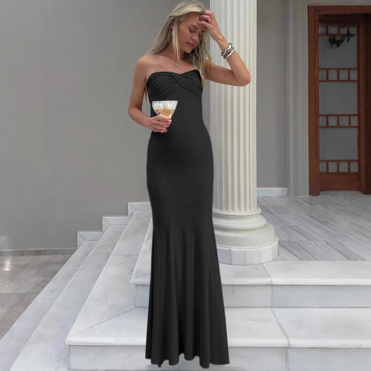 Bodycon Sheath Pleated Tube Maxi Dress