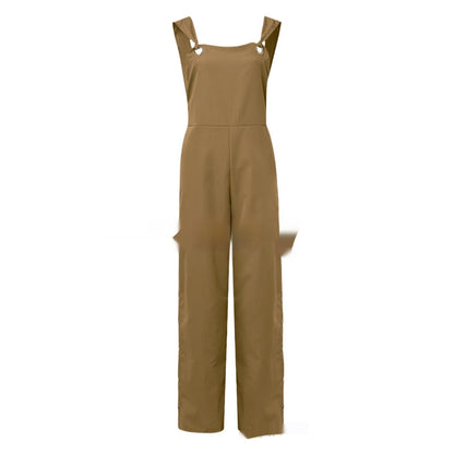 Women's Solid Color Sleeveless Side Pocket Casual Wide Leg Side Buckle Jumpsuit
