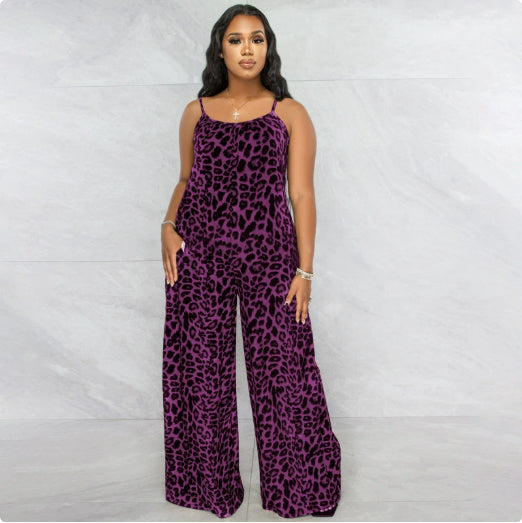 Summer Leopard-Print Strappy Casual Jumpsuit Plus Size Womens Jumpsuit