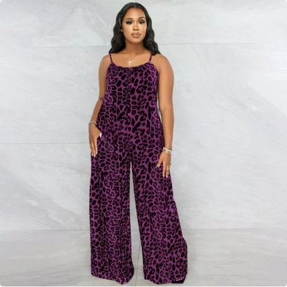 Summer Leopard-Print Strappy Casual Jumpsuit Plus Size Womens Jumpsuit