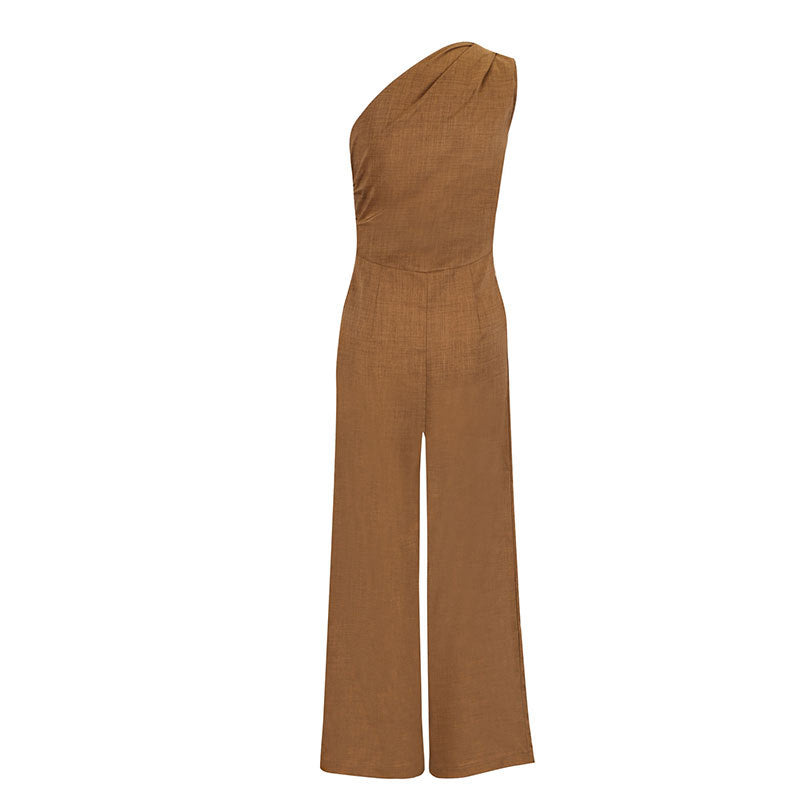 Fashionable Off-Shoulder Defined Waist Elegant Wide-Leg Comfortable Jumpsuit