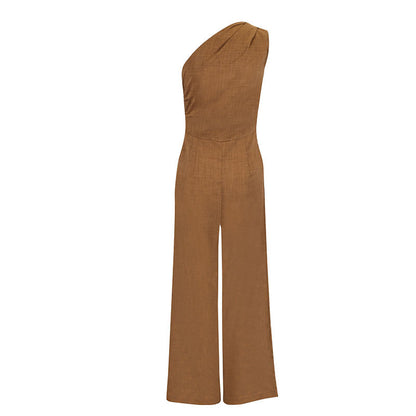 Fashionable Off-Shoulder Defined Waist Elegant Wide-Leg Comfortable Jumpsuit