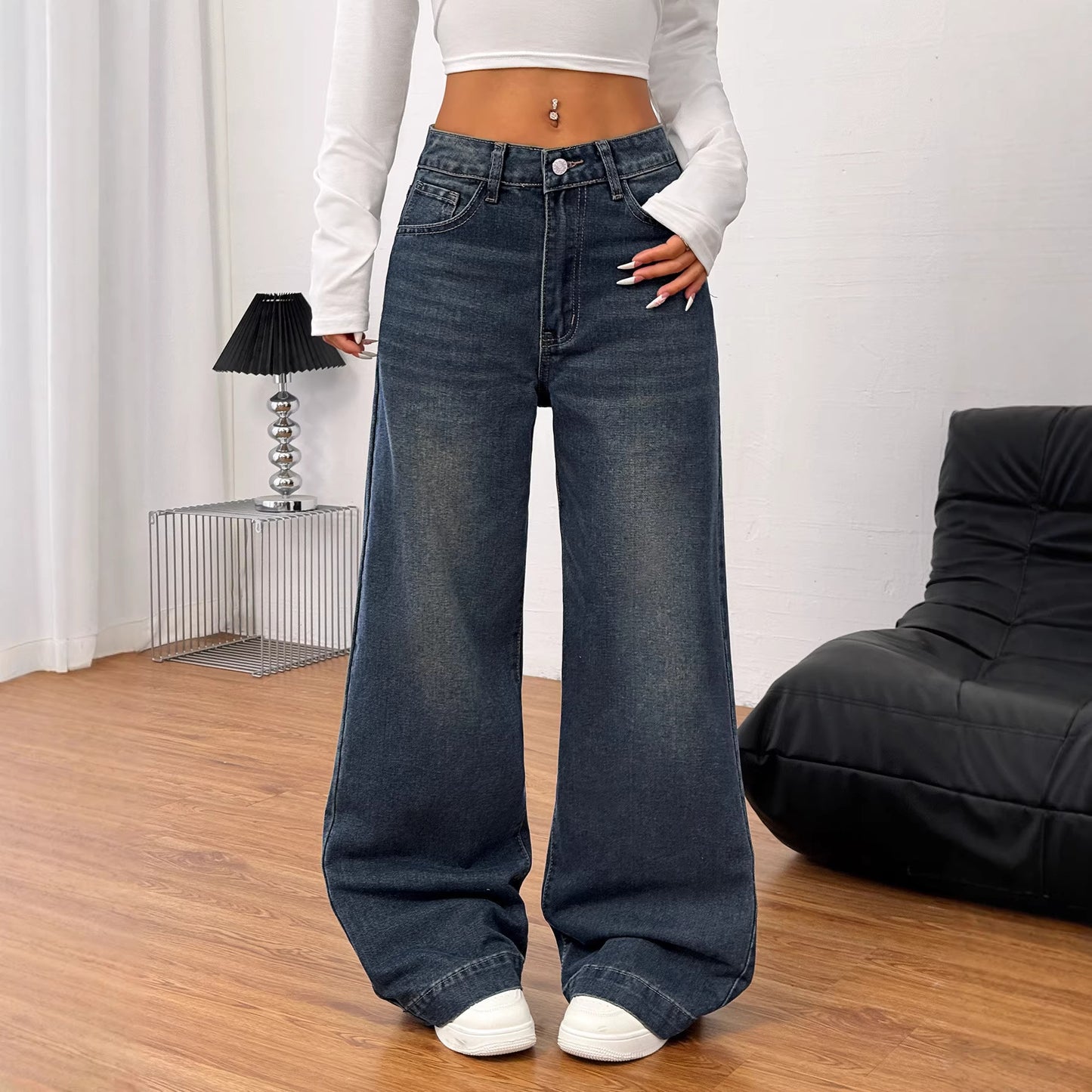 Womens Retro American-Style Long Wide-Leg Loose-Fit Denim Jeans