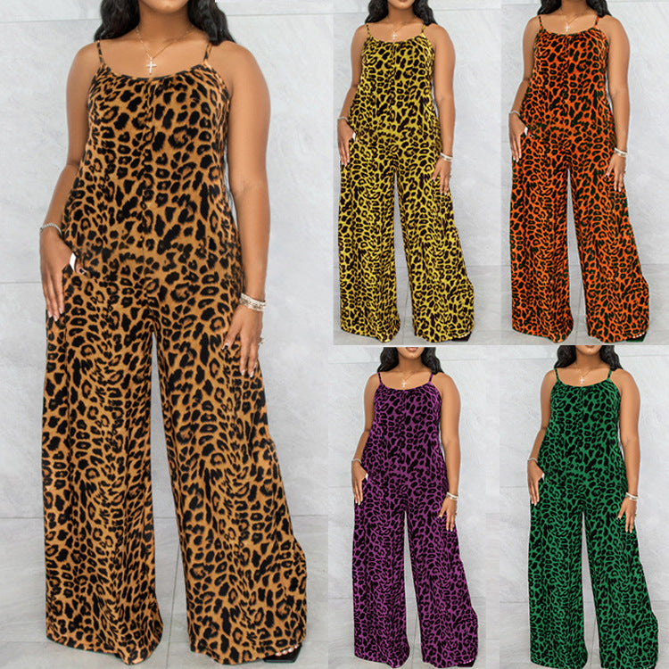 Summer Leopard-Print Strappy Casual Jumpsuit Plus Size Womens Jumpsuit