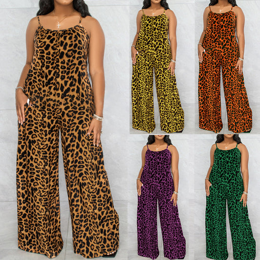 Summer Leopard-Print Strappy Casual Jumpsuit Plus Size Womens Jumpsuit