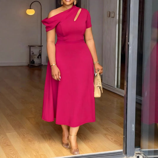 Solid-color Slash-neck Slim-fit Maxi Dress