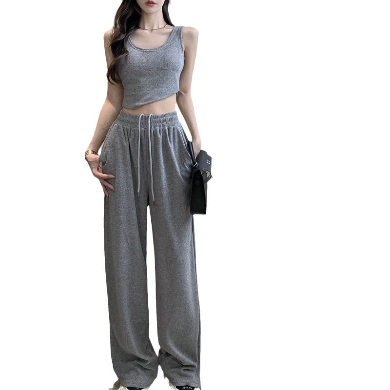 Fashionable Knit Set Featuring A Tank Top And Wide-leg Pants