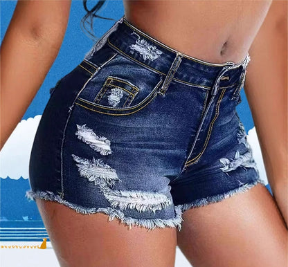 Womens Mid-Waist Slim-Fit Ripped Shorts