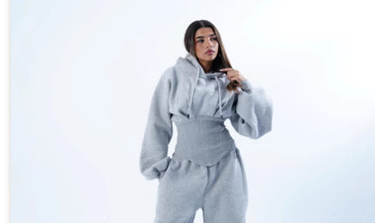 Womens Slim-fit Waist-cinching Hoodie And Drawstring Pants Two-piece Set