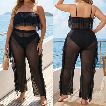 Womens Sexy Sheer Mesh Ruffle-Trimmed Pants Two-Piece Set
