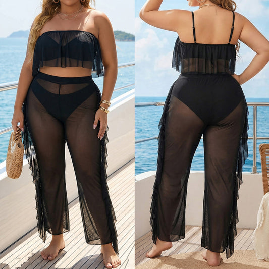 Womens Sexy Sheer Mesh Ruffle-Trimmed Pants Two-Piece Set