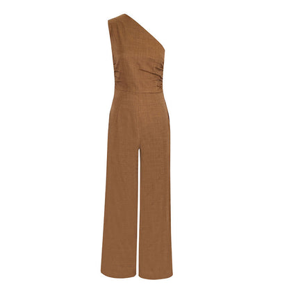 Fashionable Off-Shoulder Defined Waist Elegant Wide-Leg Comfortable Jumpsuit