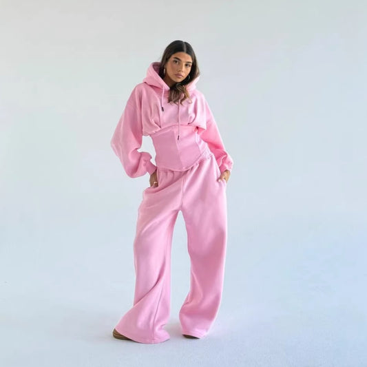 Womens Slim-fit Waist-cinching Hoodie And Drawstring Pants Two-piece Set