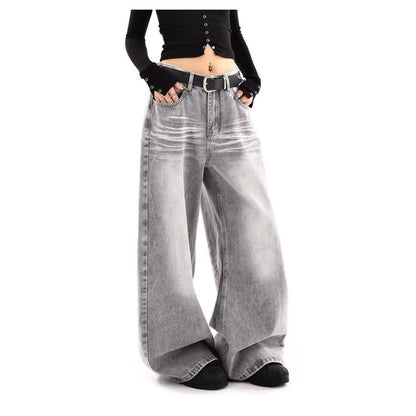 Embroidered High Waist Wide Leg Denim Jeans For Women Vintage Straight Leg Pants