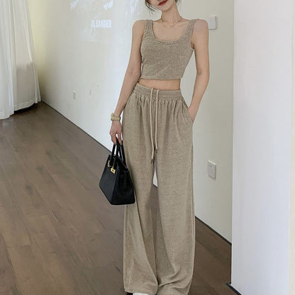 Fashionable Knit Set Featuring A Tank Top And Wide-leg Pants