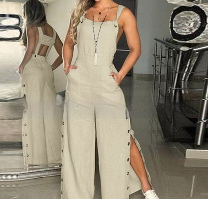 Women's Solid Color Sleeveless Side Pocket Casual Wide Leg Side Buckle Jumpsuit