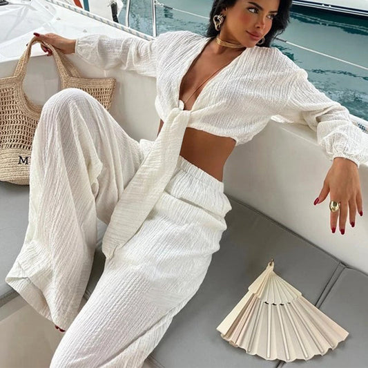 Lace-up Cropped Cardigan With Ruched Long Sleeves And Matching Long Pantstwo-piece Set