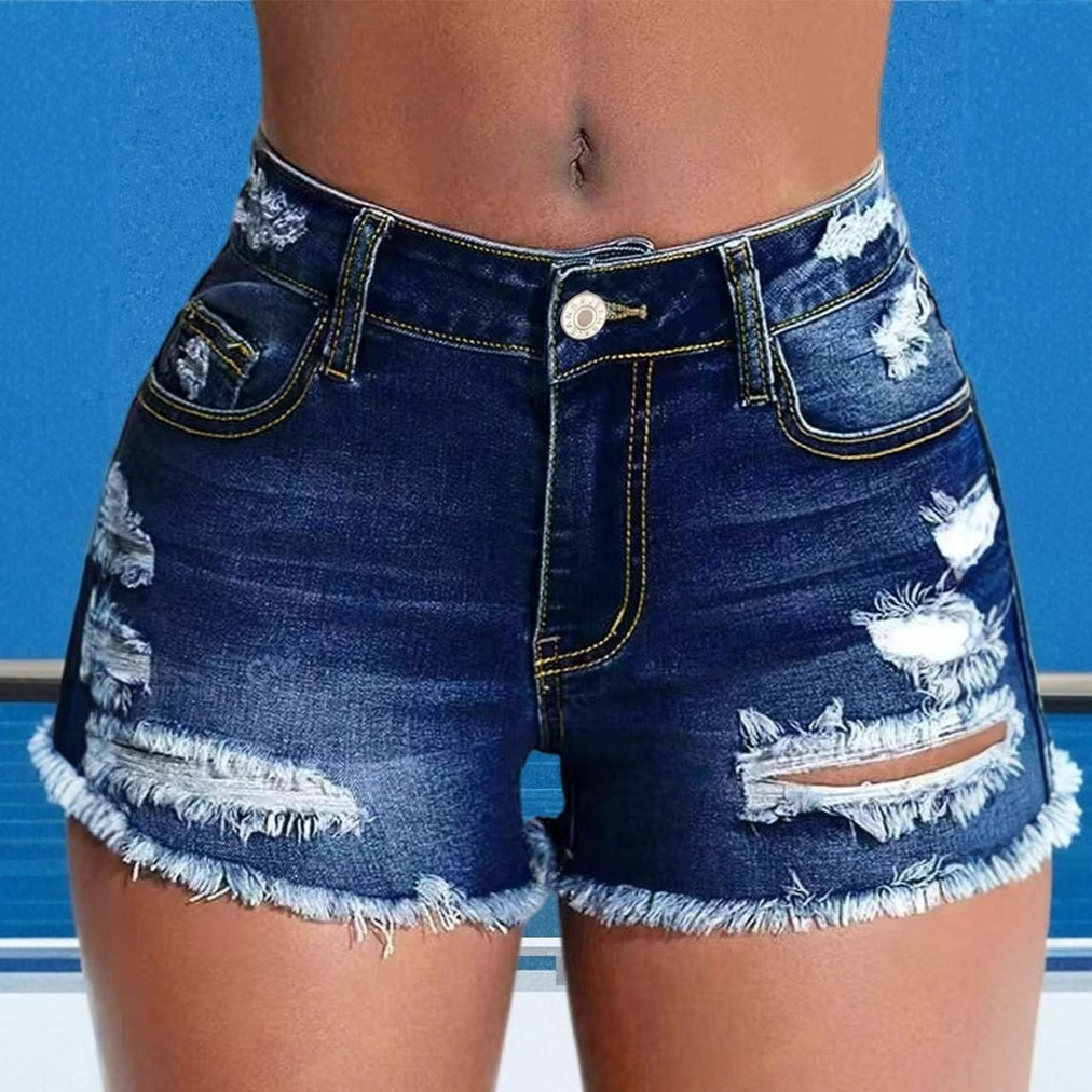 Womens Mid-Waist Slim-Fit Ripped Shorts