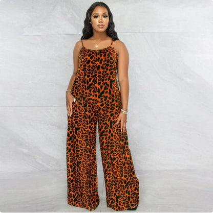 Summer Leopard-Print Strappy Casual Jumpsuit Plus Size Womens Jumpsuit