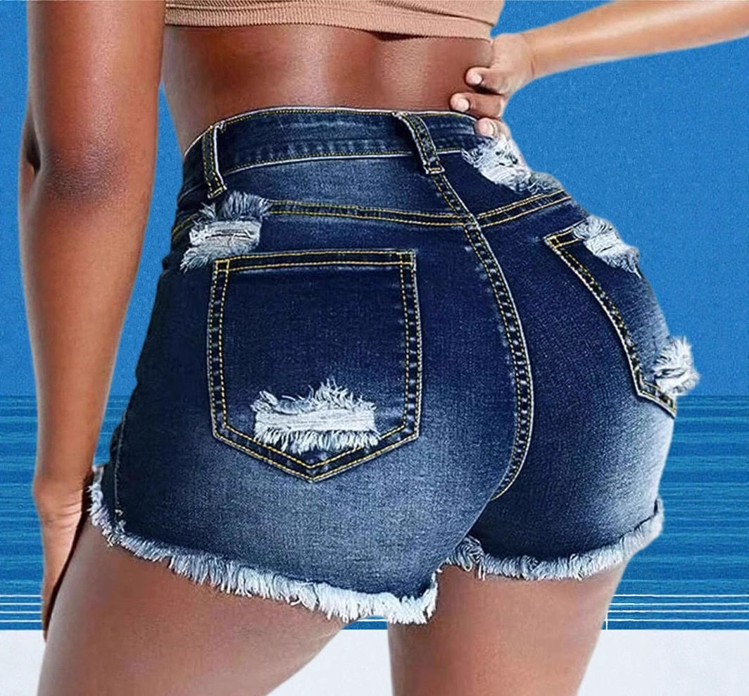 Womens Mid-Waist Slim-Fit Ripped Shorts
