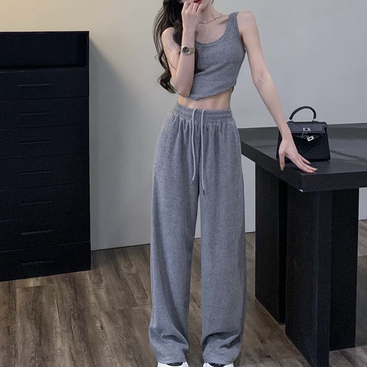 Fashionable Knit Set Featuring A Tank Top And Wide-leg Pants