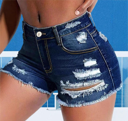 Womens Mid-Waist Slim-Fit Ripped Shorts