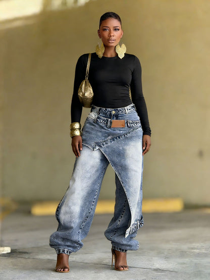 Deconstructed Layered Washed Denim Jeans