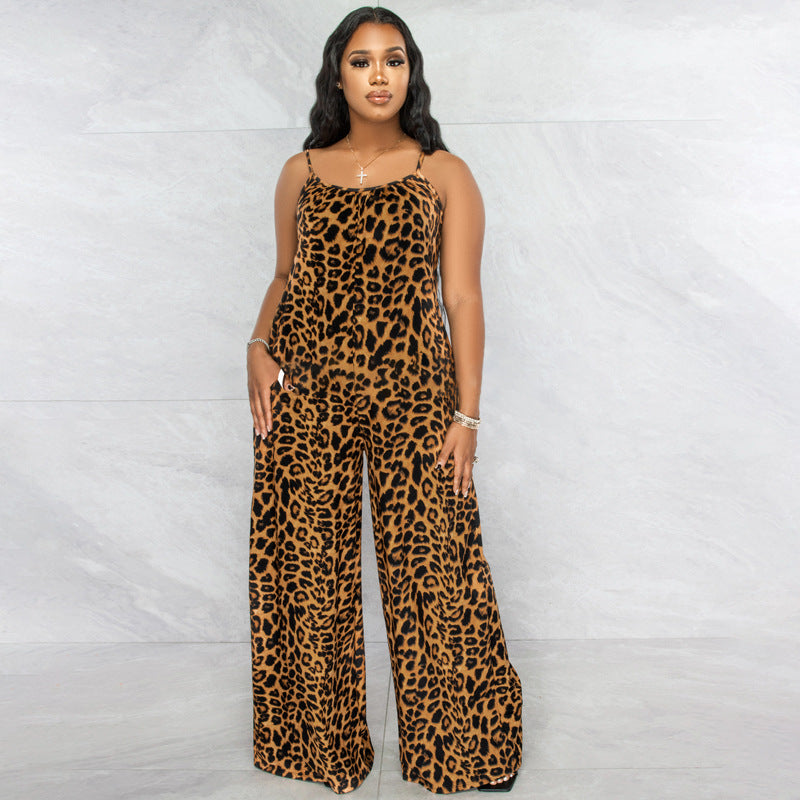 Summer Leopard-Print Strappy Casual Jumpsuit Plus Size Womens Jumpsuit