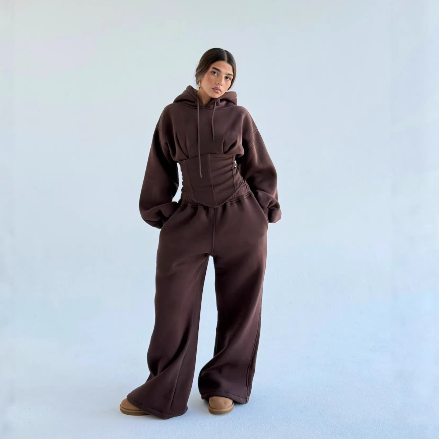 Womens Slim-fit Waist-cinching Hoodie And Drawstring Pants Two-piece Set