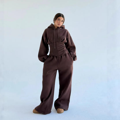 Womens Slim-fit Waist-cinching Hoodie And Drawstring Pants Two-piece Set