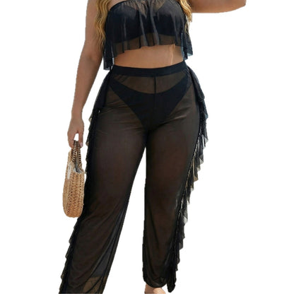 Womens Sexy Sheer Mesh Ruffle-Trimmed Pants Two-Piece Set