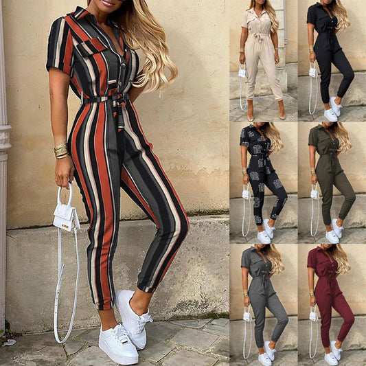 Casual Lapel Button Print Belt Cargo Jumpsuit