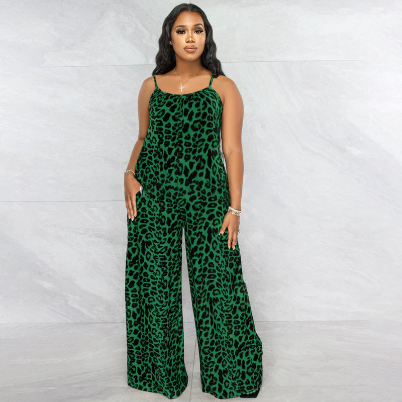Summer Leopard-Print Strappy Casual Jumpsuit Plus Size Womens Jumpsuit