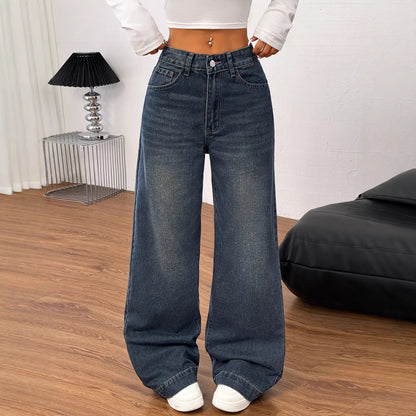 Womens Retro American-Style Long Wide-Leg Loose-Fit Denim Jeans