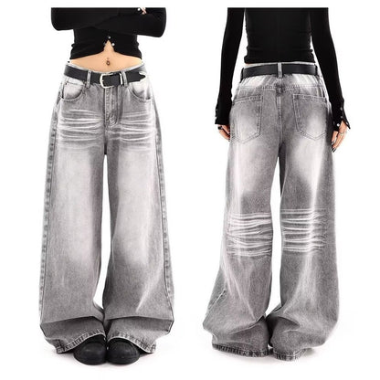 Embroidered High Waist Wide Leg Denim Jeans For Women Vintage Straight Leg Pants