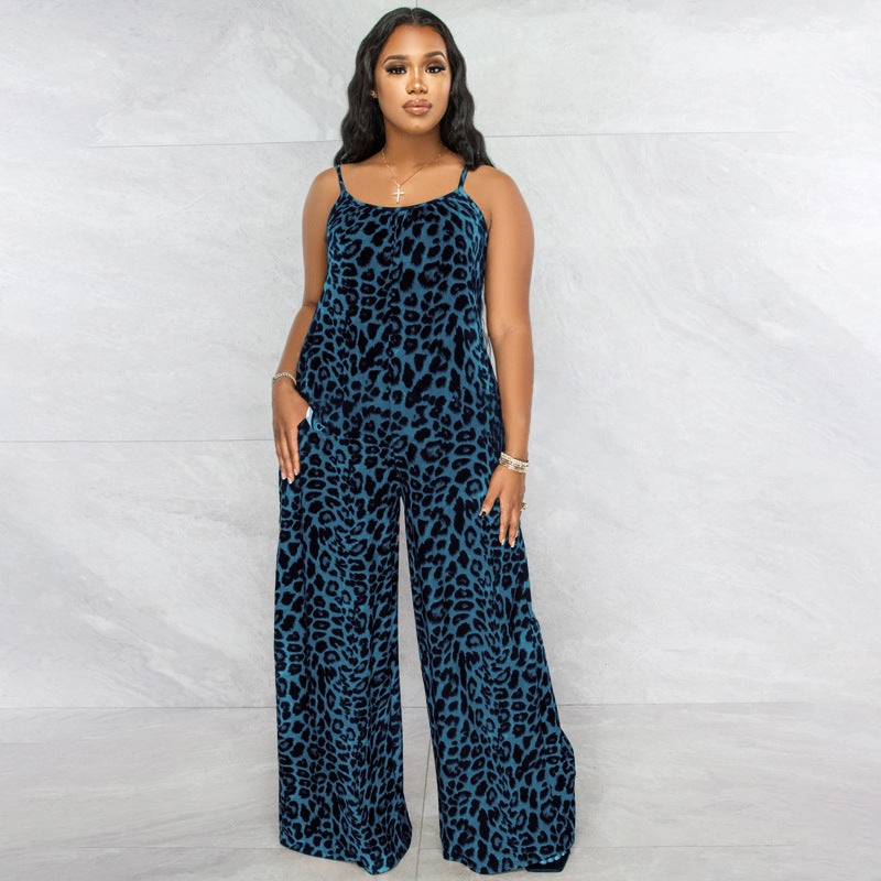 Summer Leopard-Print Strappy Casual Jumpsuit Plus Size Womens Jumpsuit